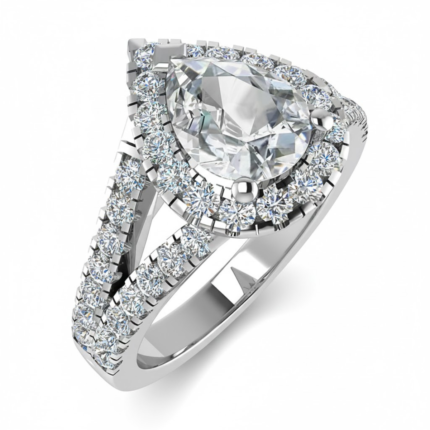 Split Shank Pear Diamond Halo Side Stone Ring
