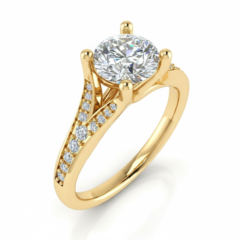 Elegant Split Shank Round Side Stone Solitaire Ring