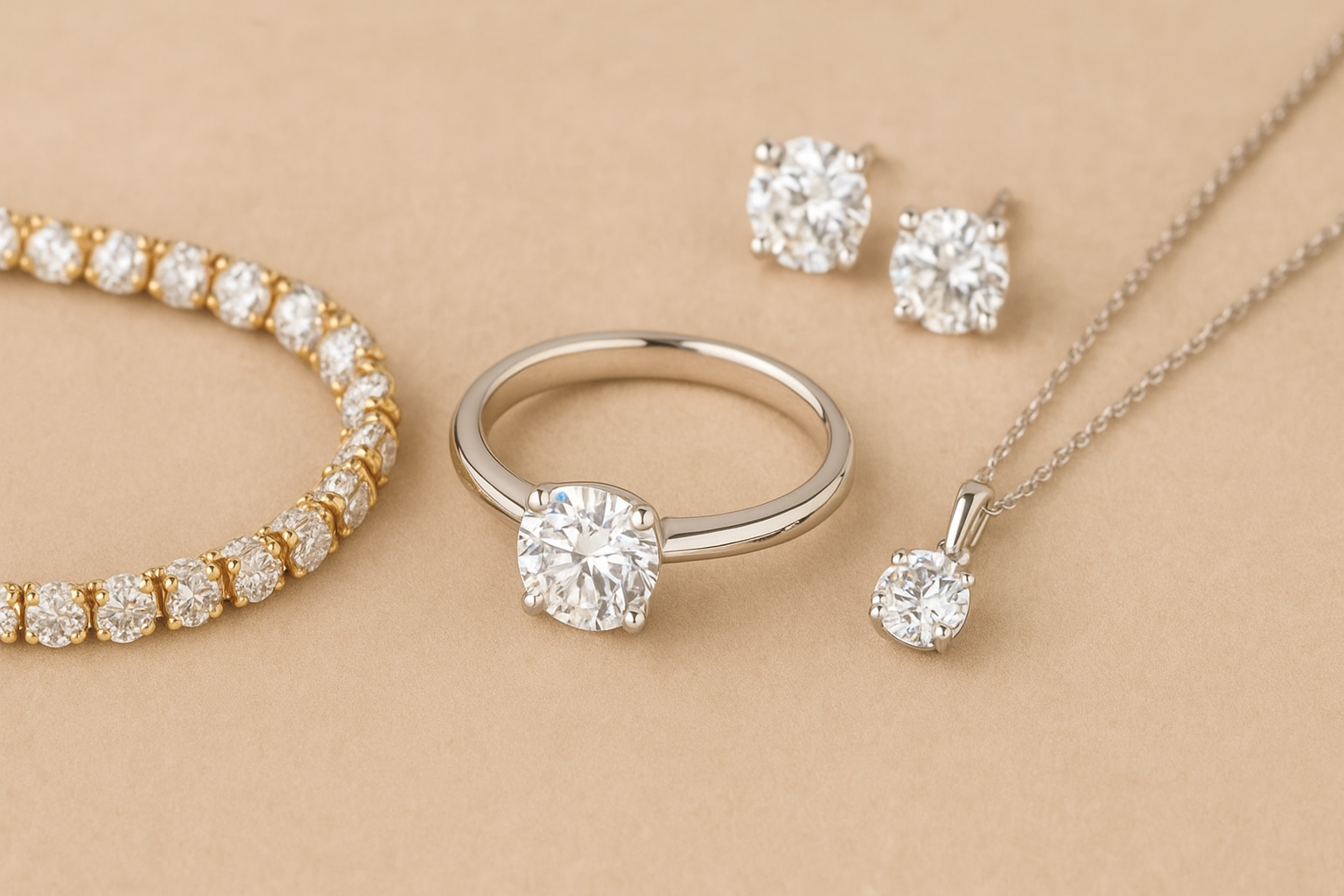 “Luxury diamond jewellery collection by Belgium Diamonds featuring a brilliant-cut solitaire diamond ring, tennis bracelet in yellow gold, stud earrings, and pendant necklace in white gold — handcrafted Belgian fine jewellery available in Belgium, France, and Italy.”
