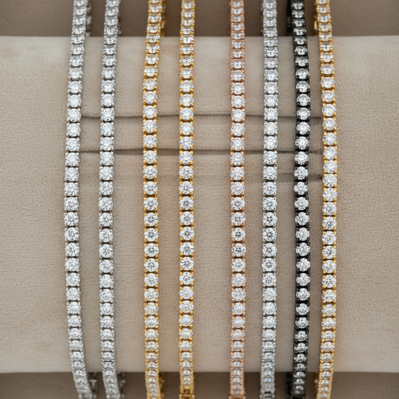 Diamond tennis bracelets in 18k white, yellow, pink, and black gold by Belgium Diamonds – handcrafted Belgian fine jewellery