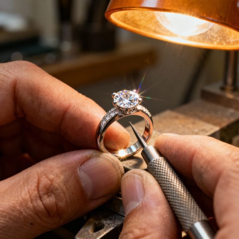 Belgian jeweller crafting diamond ring with precision